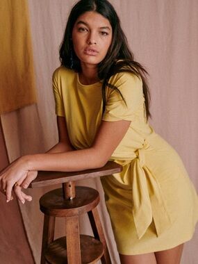 Sezane Yellow Mini Dress with Side Tie